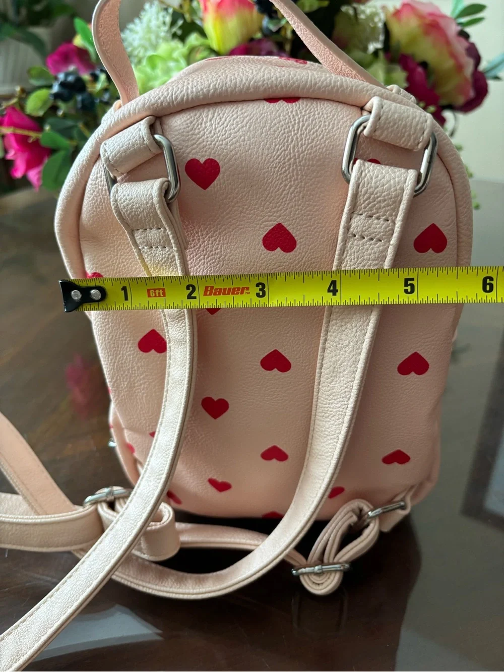 Betsey Johnson Pink Mini Puppy Backpack with Red Heart Print